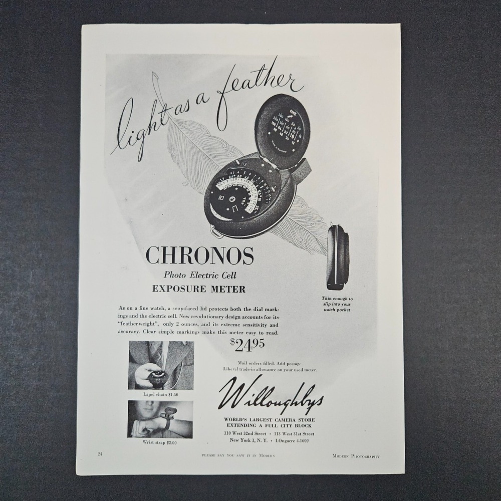 1951 Willoughbys Chronos Photo Electric Cell Exposure Meter Vintage Print Ad
